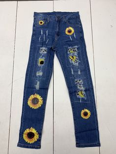 Womens Blue Denim Distressed Tapered sunflower print Jeans size small. New condition See pics BS79/23Q1BH32 Print Jeans, Printed Jeans, Blue Springs, Sunflower Print, High Top Shoes, Top Shoes, High Top, High Tops, Blue Denim