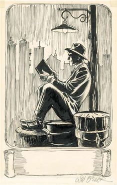 a drawing of a man sitting on top of a barrel next to a bucket and holding a book