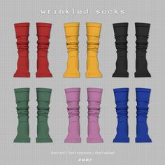 six different colored boots with the words wrinkled socks