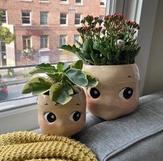 two planters sitting on top of a couch next to a window