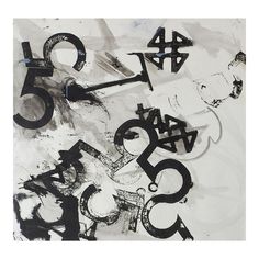 an abstract painting with black and white letters on it's side, including numbers