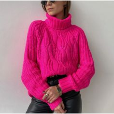 Absolutely Famous Turtle Neck Cable Knit Sweater. New With Tags. Hot Pink Size Medium. Material Polyester. Shoulder To Hem 23" Armpit To Armpit 22" Inv A077 Green Turtleneck Sweater, Winter Turtleneck, Casual Turtleneck, Hot Pink Tops, Oversized Turtleneck, Casual Wear Women, Ladies Turtleneck Sweaters, Winter Sweater, Sweater Material