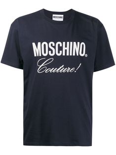 In true Moschino style, even the label's relatively pared-back pieces make a bold statement. This black T-shirt is made from soft cotton-jersey emblazoned with the label's signature in white capital letters and 'Couture' in cursive script. Cotton Graphic Tee With Logo, Graphic Tee T-shirt With Signature Print And Crew Neck, Graphic Tee With Signature Print And Crew Neck, Signature Print Graphic Tee With Crew Neck, Black Cotton T-shirt With Signature Print, Modern Logo T-shirt For Streetwear, Cotton T-shirt With Signature Print, Cotton T-shirt With Signature Print In Relaxed Fit, Cotton Relaxed Fit T-shirt With Signature Print