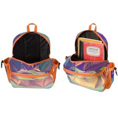 two backpacks with books in them sitting next to each other on a white background