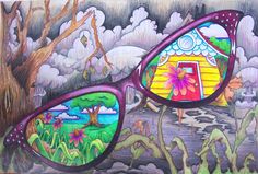 a drawing of some colorful sunglasses with trees and clouds in the backgroung