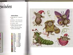 the cross stitch book is open to show pictures of monkeys and caterpillars