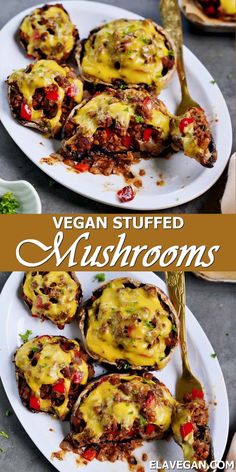 two white plates topped with stuffed mushrooms covered in cheese