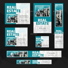 a set of real estate banners with cityscape in the background and blue accents