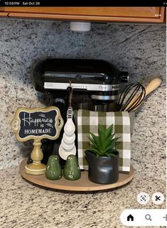 the kitchen counter has various items on it