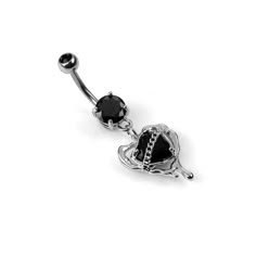 a black diamond heart shaped navel bar with an arrow on the top and a chain attached to it