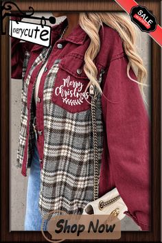 Red Plaid Patchwork Christmas Elk Graphic Print Denim Jacket Red Winter Denim Jacket, Casual Fall Holiday Outerwear, Casual Fall Outerwear For Holiday, Casual Holiday Outerwear, Casual Long Sleeve Holiday Outerwear, Casual Christmas Holiday Outerwear, Patchwork Christmas, Printed Denim Jacket, Print Denim