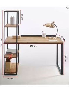 a desk with two shelves and a lamp on the top, measurements for each shelf