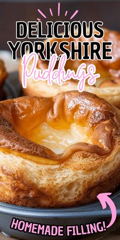 delicious yorkshire puddings on a plate with text overlay that reads delicious yorkshire puddings homemade filling