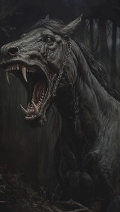 a large black horse with its mouth open and it's teeth wide open in the woods