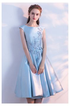 10% off now! elegant sky blue knee length homecoming party dress with embroidery online. Sheprom offers formal, party, casual & more style dresses to fit your special occasions. Party Dress Blue, Cap Sleeve Prom Dress, Blue Prom Dress, Custom Bridesmaid Dress, Pretty Embroidery, Lace Bridesmaids, Blue Party Dress, Lace Bridesmaid Dresses, Blue Bridesmaid Dresses