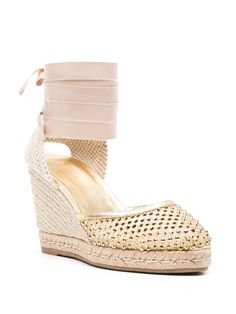 Le Silla Gilda raffia-design Espadrilles | Gold | FARFETCH Versace Gold, Wedge Espadrilles, Ankle Strap Wedges, Leather Espadrilles, Iconic Bags, Boots Fall, Ballet Flat Shoes, Leather Wedges, Designer Heels