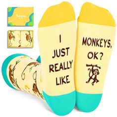 PRICES MAY VARY. MONKEY SOCKS: Monkeys are known for their mischievousness and love for bananas. Some monkeys climb trees to get their favorite fruit, while others swing from branch to branch. These funny socks with sayings "I JUST REALLY LIKE MONKEYS, OK?" are perfect for both men and women. MONKEY GIFTS: Our stocking stuffers are perfect gifts for monkey Lovers! They make funny gifts for moms and dads on special occasions like birthdays, Mother's Day, Father's Day, Valentine's Day and Christma Funny Moose, Daily Vibes, Mens Novelty Socks, Silly Socks, Squirrel Gift, Ocean Turtle, Monkey Gifts, Climb Trees, Funny Bears