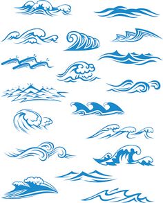 waves and clouds in the sky, set of blue silhouettes on white background stock photo