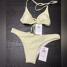 Guess Mint/Yellow Stripe Bikini. Size-Top-M, Bottom-L. New With Tags. Guess Swimsuit, Triangle Swim Top, Leopard Print Swimsuit, Pink One Piece, Print Swimsuit, One Piece Swim, Swim Suit Bottoms, Yellow Stripes, One Piece For Women