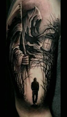 a man's arm with a black and white tattoo on it, depicting a person walking