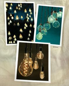 three pictures of light bulbs and some lights hanging from them on a white cloth background