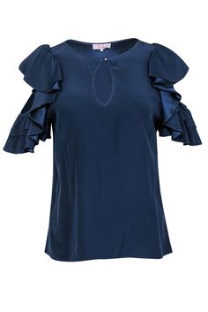 Current Boutique-Parker - Navy Silk Cold Shoulder Blouse w/ Ruffles Sz S Big Gold Hoop Earrings, Gold Hoop Earring, French Girl Chic, Silky Blouse, Buy Shoes Online, Cold Shoulder Blouse, 70s Inspired, French Girl, Shoulder Design