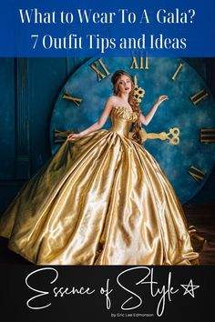 Have you been invited to a Gala and not sure what to wear? Look no further as I am sharing 7 outfit tips and inspiration to help you be the Belle of Ball! #galaoutfit #galaoutfitideasformal #galaoutfitideasclassy #galaoutfitdresses Golden Ball Gown, Foto Poses, Beauty Dress, 영감을 주는 캐릭터, Gold Dress, Fancy Dresses