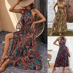 Lasaky - Vintage Chic Flowing Dress Bohemian Non-stretch Dress For Garden Party, Non-stretch Multicolor Printed Dresses, Multicolor Printed Non-stretch Dresses, Non-stretch Halter Neck Beach Dress, Non-stretch Halter Neck Sundress, Non-stretch Multicolor Dress For Day Out, Multicolor Non-stretch Dress For Day Out, Chic Multicolor Non-stretch Dresses, Chic Non-stretch Multicolor Dresses