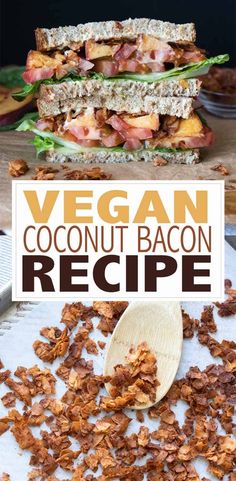 vegan coconut bacon sandwich recipe on a cutting board with the title in the middle