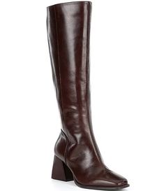 GB Sole-Sister Leather Block Heel Tall Boots | Dillard's Knee High Square Toe Boots, Tall Leather Boots Outfit, Mid Calf Boots Outfit, Calf Boots Outfit, Heel Tall Boots, Leather Boots Outfit, Sole Sisters, Tall Brown Leather Boots, Womens Tall Boots