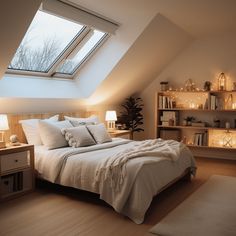 a white bed sitting under a skylight in a bedroom next to a book shelf