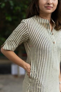 Kessa Aep08 Taupe Stripe Regular Kurta Sleeves Trendy Kurti, Smart Dresses, Short Kurti, Kurta Dress, Long Kurti, Cotton Kurti Designs, Taupe Grey, Kurti Neck, Half Sleeve Shirts