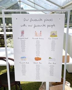 a white sign sitting on top of a lush green field next to a table covered in chairs