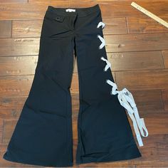 Nwt Nylon Kick Flare Black With Some Stretch & White Ribbon Lace Up Side Pants With Ribbon On Side, Pants With Ribbon, Ribbon Pants, Kick Flare Pants, Fatal Frame, Nylon Pants, Summer Ideas, Kick Flares, White Ribbon