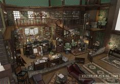 an aerial view of a victorian living room with lots of furniture and bookshelves