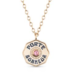 Large Gold Porte Bonheur Coin Necklace with Pink Tourmaline Marlo Laz, Creating Keepsakes, Symbol Of Protection, Necklace With Diamond, Medallion Necklace, Good Fortune, Diamond Halo, Lucky Charm, White Diamonds