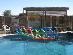 an inflatable ring floating on top of a swimming pool