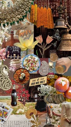 a collage of various items that include flowers, fruit and other things to eat