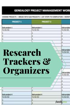 a spreadsheet with the words research trackerrs and organizers in black on it