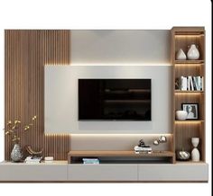 modern living room with white and wood furniture, large flat screen tv mounted on the wall