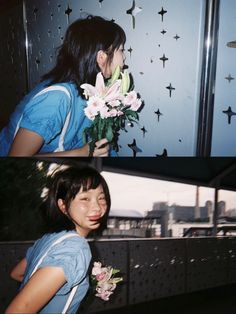 two pictures of a woman holding flowers in her hand and looking at the camera with an expression on her face