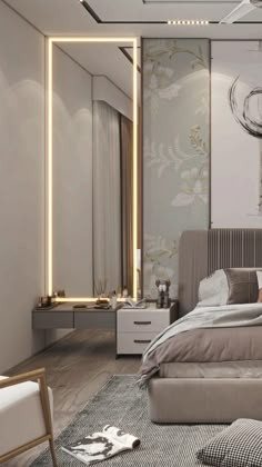 a bedroom with a large bed, dressers and mirror on the wall next to it