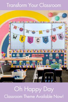 the classroom is decorated with colorful banners and decorations for teachers to welcome their students on