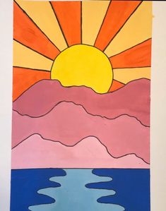 a painting of the sun setting over water