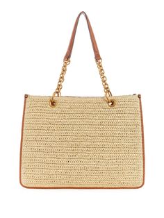 A spacious tote bag featuring chic straw panels and contrasting faux-leather trim. Designed with belted logo hardware and mixed-material shoulder straps. Beige Straw Bag With Gold-tone Hardware And Double Handle, Natural Color Bags With Gold-tone Hardware, Rectangular Straw Bag With Gold-tone Hardware, Beige Straw Bag With Gold-tone Hardware, Chic Bag With Leather Trim, Luxury Straw Bags With Gold-tone Hardware, Tan Straw Bag With Double Handle, Beige Rectangular Straw Bag With Gold-tone Hardware, Chic Rectangular Straw Bag With Gold-tone Hardware