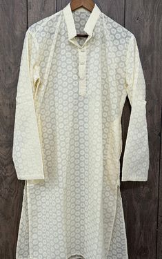 Men's cotton cream kurta with all over embroidery and sequins highlights. SIzes mentioned are actual kurta chest measurements. All Over Embroidery, Cotton Kurta, Dublin, Favorite Outfit, Art Collection, Highlights, Tee Shirts, Bathing Beauties, Mens Outfits