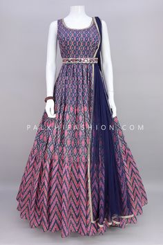 Astonishing Blue Indian Designer Outfit With Ikat Work Blue Floral Dress Outfit, Frock Models, Silk Kurti Designs, Mirror Border, Frock Designs, Choli Dress, Simple Lehenga