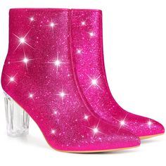 Hustle back to the disco era in this pointed-toe glitter boot lofted by a danceable heel. Sparkling gold and silver glitter give a celebratory vibe to this pretty ankle boot made with zip pull-tabs on the side. With a side zipper, these boots allow you to wear them on and off easily. The glitter design makes you stand out in the crowd. It can pair well with jeans and dresses. Party Boots With Shimmer And Pointed Toe, Party Glitter Boots With Pointed Toe, Fitted Glitter Boots For Party, Sparkling Boots For Party And Holiday, High Heel Party Boots With Glitter Accents, Glitter Boots With Pointed Toe For Party, Glitter Pointed Toe Party Boots, Pink Sparkling Boots For Party, Glamorous Party Boots With Glitter Print