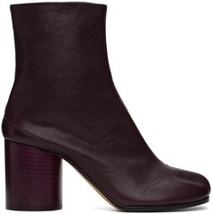 Ankle-high grained nappa lambskin boots in burgundy. · Square cleft toe · Concealed hook-eye closure at inner side · Signature white stitching at heel tab · Buffed calfskin lining · Cylindrical block heel with rubber injection · Calfskin sole · Heel: H3 Supplier color: Merlot Margiela Bag, Tabi Boots, Hook Eye, Merlot, Apparel Accessories, Block Heels, Calf Skin, Ankle Boots, Lookbook