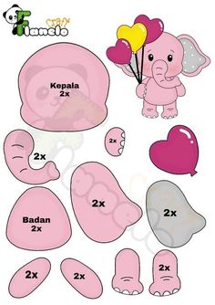 pink elephant cut outs with hearts and balloons